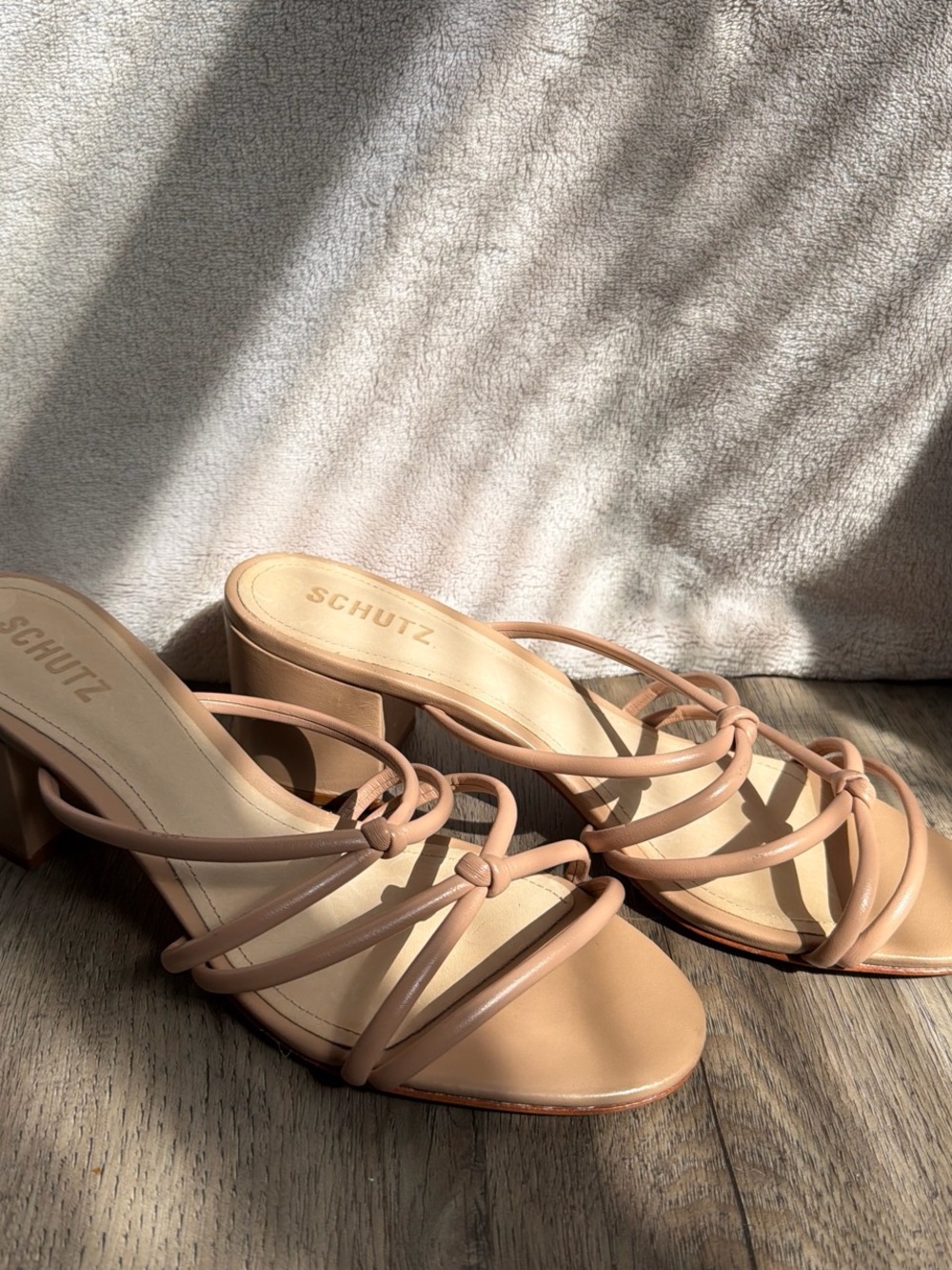 Schutz Nude Strappy Knot Heels Minimalist Vacation Sandals - Picture 2 of 4